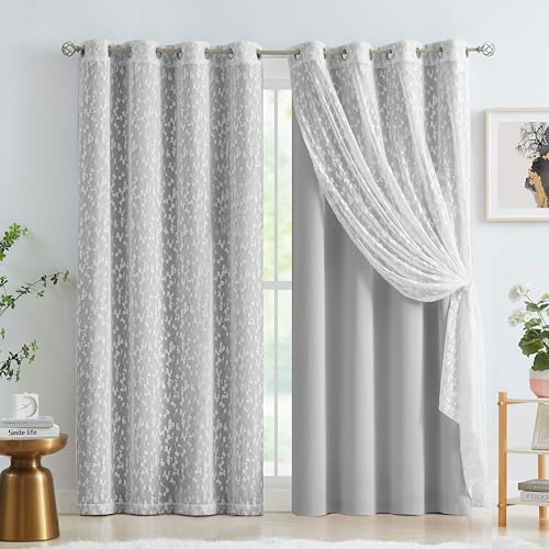 Image of Mix Matched Grey Full Blackout & Sheer Leaf Lace Curtains 52 inchWx95 inchL 6Panels | White Lace Sheer Leaf & Grey Blackout Combo Set, 2 Blackout+2 Sheer Panels, 4-Piece Set, Mix and Match Style Grommet Top