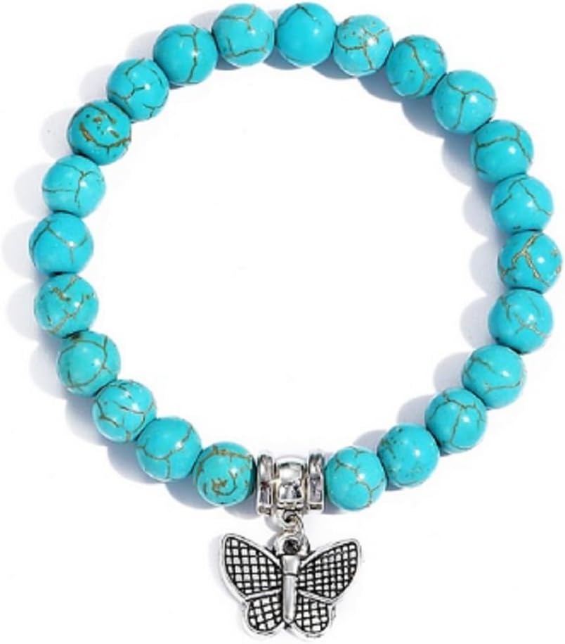 DOCCESTU Women's Turquoise Bracelet Bohemian Natural gem Round Bead Stretch Bracelet Bracelet 8MM Hand Beaded Turquoise Jewelry (Butterfly)