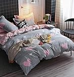 Michorinee Double Duvet Cover Set Kids Girls Grey Pink Heart Bedding Double Bed Set 3pcs Reversible Microfiber Quilt Cover 200x200 cm with 2 Pillow cases 50x75 cm