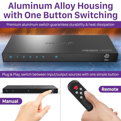 Image of Fosmon 5 in 1 Out 8K HDMI 2.1 Switch (8K@60Hz) with Remote 4K@120Hz 48Gbps | 5-Port 8K HDMI Switcher with remote supports High Speed 48Gbps HDR10+ HDCP 2.3 auto-switching Splitter Hub for PS5 Xbox PC.