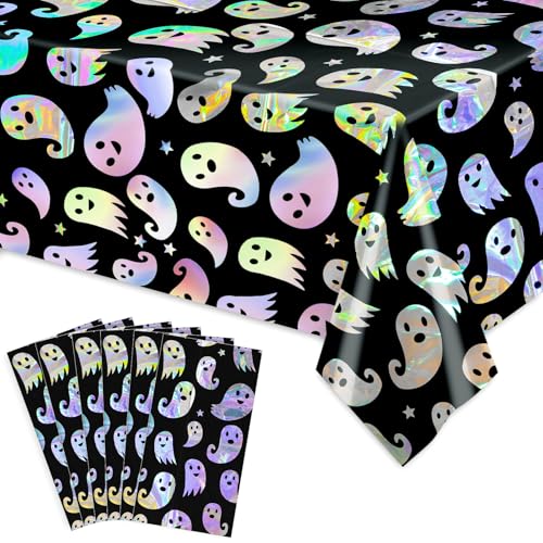 Whaline 6Pcs Halloween Plastic Tablecloths 54 x 108 in Iridescent Ghost Disposable Color-Changing Table Cover Waterproof Holographic Ghost Rectangular Table Cloth for Spooky Halloween Party Decor