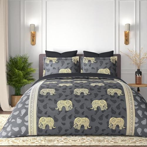Image of King Size 100% Pure Cotton Bedsheet | Royal Elephant Design with 2 Pillow Covers, 300 TC, 108 x 108 Inches Bedding Set, Soft & Breathable Cozy Flat bedsheets, Dark Grey