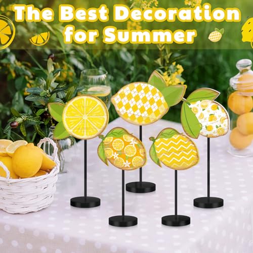 Image of Yousoontic 5 Pcs Summer Lemon Table Decor Yellow Lemon Wooden Sign Summer Lemons Centerpiece for Table Rustic Standing Block for Home Kitchen Dining Room Mantel Tiered Tray Decor