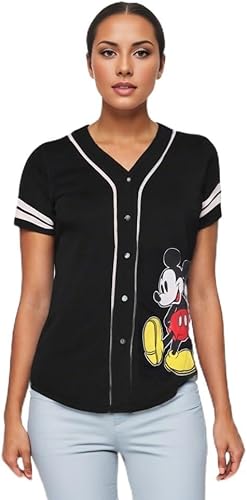 Disney Camiseta de béisbol de Mickey Mouse para mujer, camiseta de béisbol con botones de Mickey y Minnie Mouse