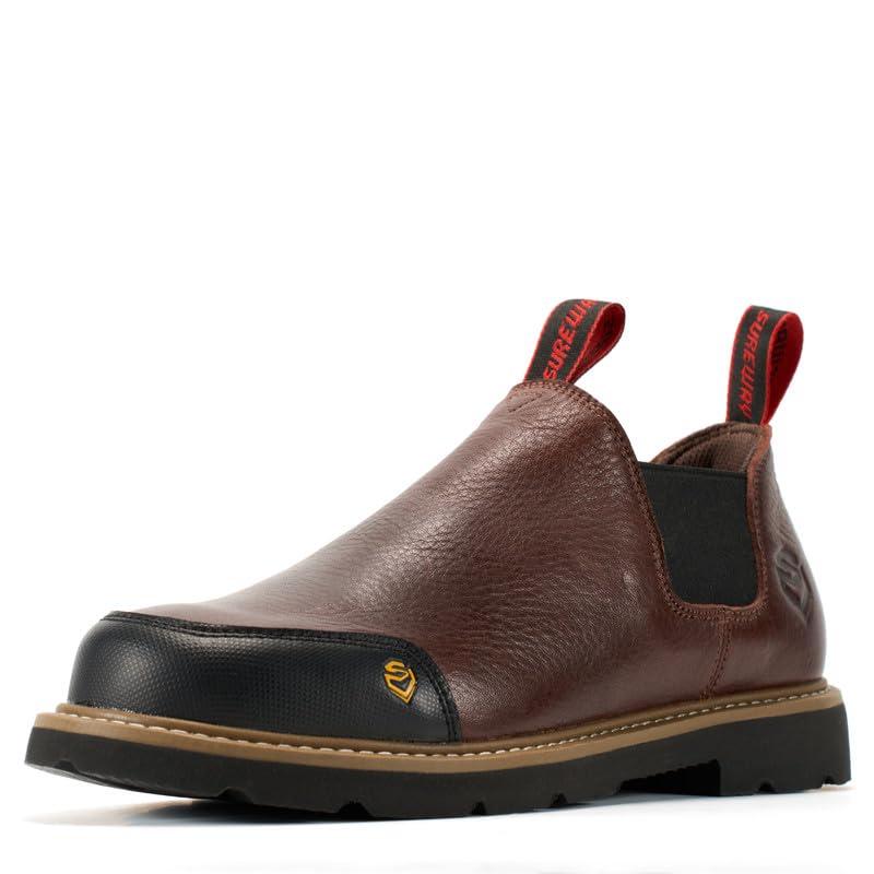 SUREWAY 4 in Mens Slip On Work Boots for Men Full Grain Leather Oil/Slip Resistant Rubber Sole Pull On Work Boots Romeo Shoes Dark Brown Size 10.5