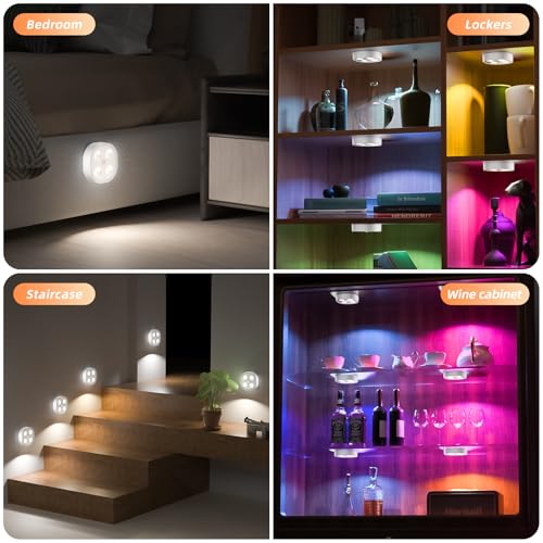 Image of 3PCS Motion Sensor Step Light, Rechargeable Puck Lights with Remote, Under Cabinet Lights with 3 Colors&RGB, Magnet Stick on Light for Closet, Hallway, Stairway, Bathroom, Bedroom, Kitchen