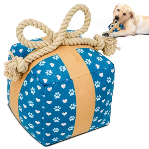 PUPROAR Gift Box Dog Toy with Rope, Birthday Dog Toy, Cute Squeaky Plush Puppy Present, Interactive...