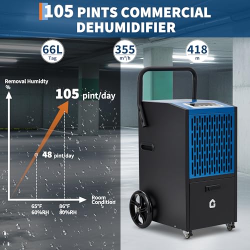 Image of 105 pt Commercial Dehumidifier for Basement, Large Dehumidifier with Drain Hose, Timer and 4 Wheels, Ideal for Flood Repair, Drying Basement, Warehouse and Factory, 110V /60Hz /520W, US Standard