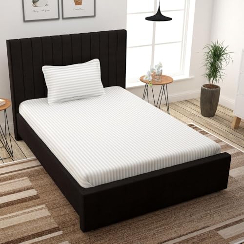 Image of Cotton Plain Stripe Single Bedsheet with One Pillow Cover | White, 60x90 Inches | Suitable for Home and Hotel Use | Soft and Comfortable Fabric