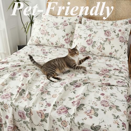 Image of FADFAY 100% Cotton Double Gauze Sheets Set Queen Size, 4 Piece Breathable Muslin Bedding with Deep Pocket Fitted Sheet, Vintage French Country Floral Print, Soft Pre-Washed Bed Sheets (Queen, Rose)