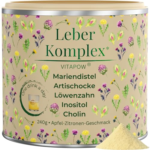 Leber Komplex als Trinkpulver - Mariendistel Artischocke Löwenzahn Cholin Inositol - vegan - laborgeprüft - in Deutschland hergestellt - 60 Portionen für 2 Monate - Apfel-Zitronen Geschmack