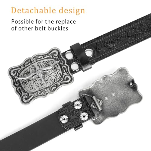 Image of UTOWO Western PU-Leather Cowboy Buckle Belt for Men and Women Jeans Engraved Floral Longhorn Bull Buckle Belt (25-38 inch waist)