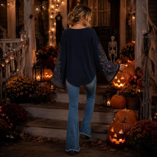 Womens Halloween Shirts Casual Skeleton Crew Neck Bell Sleeve Top - image 5