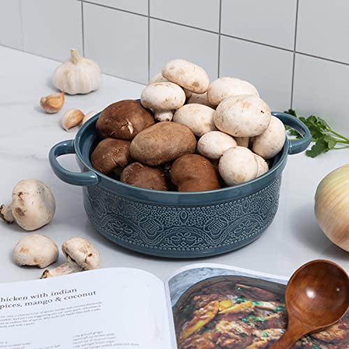 Fun Elements Casserole Dish, 2 Quart Lace Emboss Casserole Dish With Lid, Oven To Table Ceramic Round Serving Dish With Handles For Dinner And Party(Grayish Blue) #TOP3