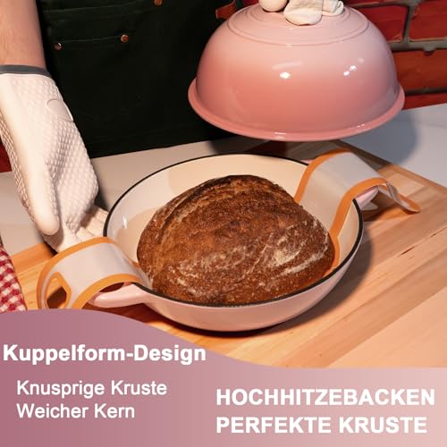 Gusseisen Topf Brot Backen,5,7L Bräter Emaille Schmortopf mit Deckel und Griffen,26 cm Dutch Oven,Brotbacktopf mit Gärkorb,Schmortopf Gusseisen Topf für Küche Backen Schmoren & Braten (Rosa) 4