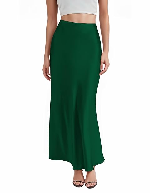 Hybrid Company Womens Silky Satin Maxi Skirt-Stretch High Waist Casual Office-Made in USA