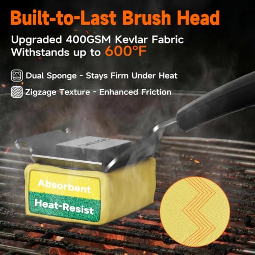 Image of Bristle-Free Grill Brush with Heat-Resistant Kevlar Fiber Head, Black | Steam Cleaning, Replaceable No-Wire Head, 17 inch Handle, 4-in-1 Scraper, for Porcelain /Ceramic /Stainless Steel /Cast Iron Grate