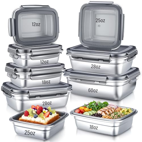 Acellegic 9 Pcs Stainless Steel Food Containers with Lids, Square Airtight Bento Lunch Boxes Metal...