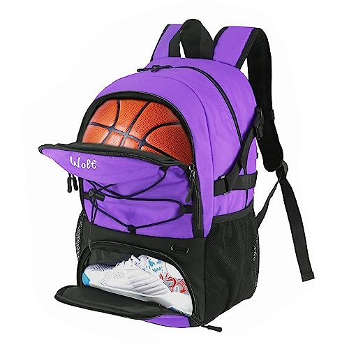 WOLT | Basketball Backpack Large Sports Bag with Separate Ball Holder & Shoes Compartment Best for Basketball Soccer Volleyball Swim Gym Travel (Purple)