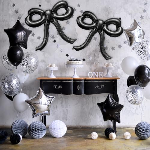 Image of 4 Pcs Bow Birthday Decorations Black Bow Balloons Bow Party Decorations Giant Foil Balloon for Girl Women Baby Shower Bridal Engagement Wedding Decor Bachelorette Party Supplies