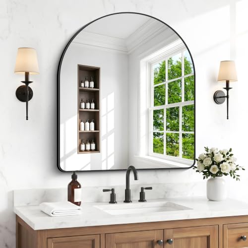 Image of BONEWEI Arched Wall Mirror,36x40 inch Black Arched Mirror Bathroom,Vanity Mirror for Over Sink Metal Frame,Tempered Glass Arch Mirrors for Bedroom,Entryway,Living Room,Home Decor Shatter-Proof