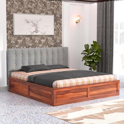 Image of Sheesham Wood Queen Size Bed with Storage Box | Upholstered Beds | Platform Cot with Cushioned Headboard | Double Bed for Home | Recommended Mattress 78x60 Inch | Grey & Honey Finish