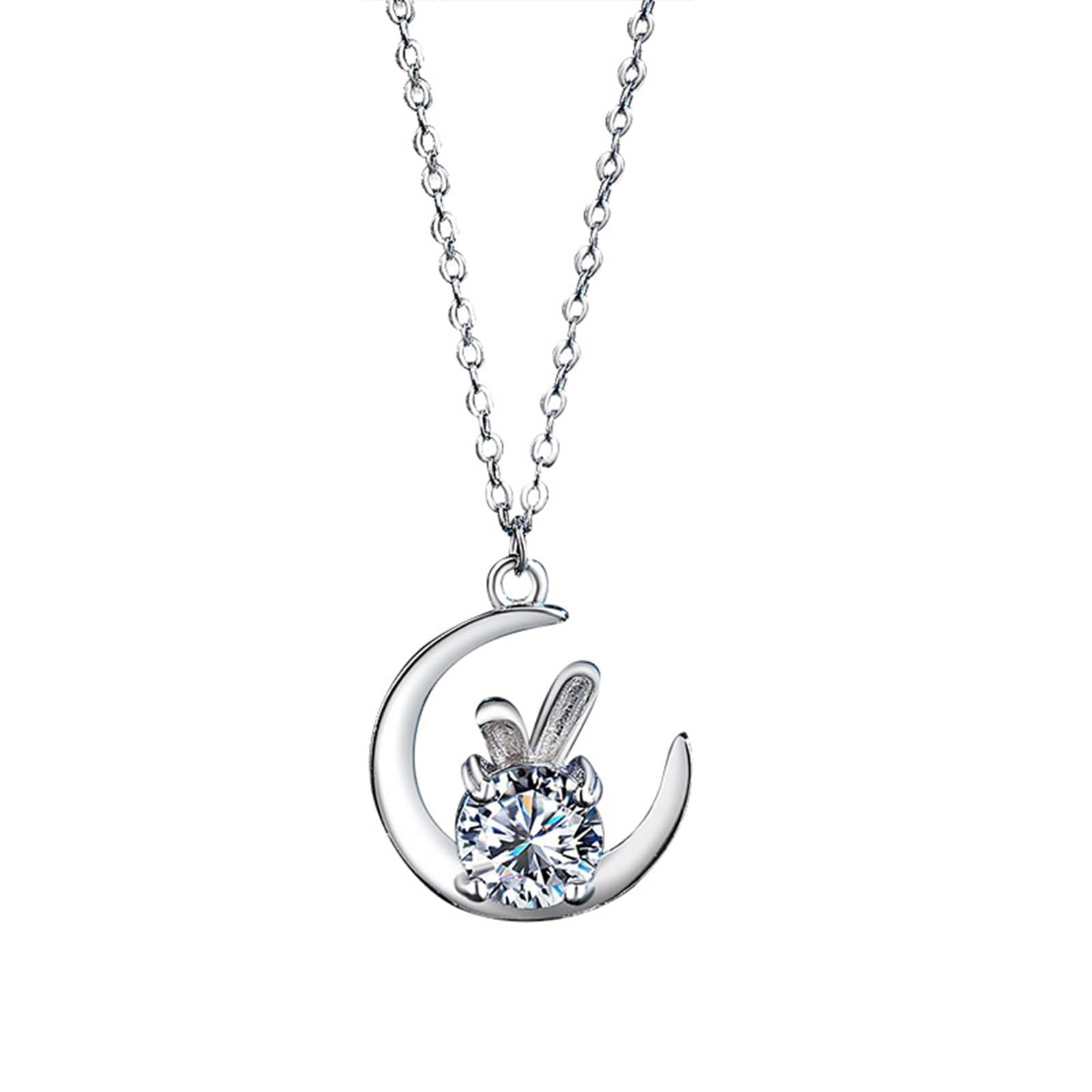 AMDXD Chaîne en or blanc 9 K/14 K/18 K pour femme avec pendentif lune lapin avec moissanite ronde blanche, colliers pour femme en or blanc 375/585/750, 40 + 5 cm