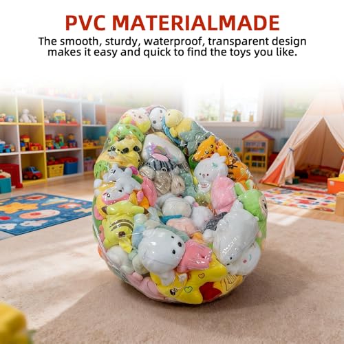 Image of Clear Stuffed Animal Storage Bean Bag Chair for Stuffed Animals, 150L Oval Shape 31.4in Waterproof PVC, 2-in-1 Toy Organizer and Comfy Seat for Kids Room and Playroom (No Filler Included)