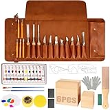 Holzschnitzwerkzeuge, 50-teiliges Holzschnitzerei-Set mit PU-Aufbewahrungstasche,Schnitzset mit Farben, Bienenwachs & Gravurvorlagen für Anfänger und Profis