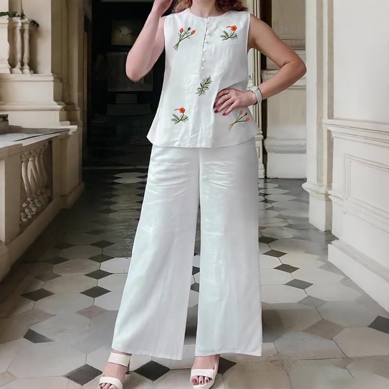 THLAI Womens 2 Piece Loungewear Sets Floral Embroidered Sleeveless Top and Wide Leg Pants Casual Outfits image 4
