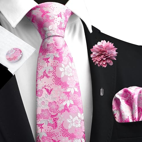 Image of GUSLESON 3.15 inch（8cm） Mens Floral Tie and Lapel Pin Necktie Hankerchief Cufflinks Set for Men