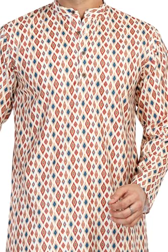 In-Sattva Men's Indian Folk Print Banded Collar Knee-Length Kurta Tunic4