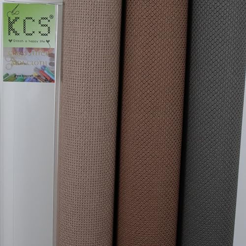 Image of KCS 3 pc of 15 inch x 18 inch(38cmx45cm) Counted Cross Stitch Cotton Aida Cloth Needlework Rolled Fabric Box,14CT,Coffee+Brown+Dark Grey