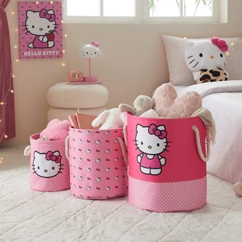 Image of Sanrio Hello Kitty 3 Piece Fabric Storage Basket Set, Pink Nestable Toy Storage Bins with Rope Handles - Kids Bedroom & Nursery Organizer