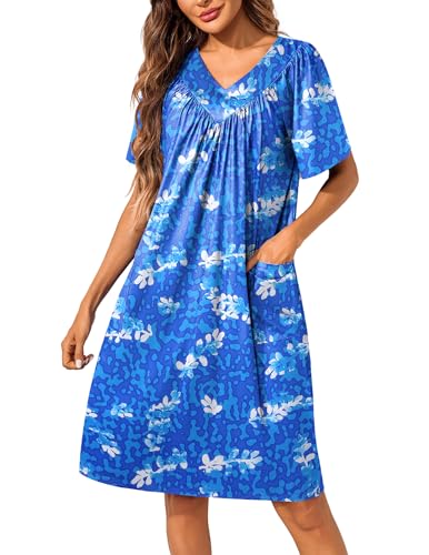 Image of Ekouaer Womens House Dress Floral Print Nightgown with Pockets Mumu Dress | V Neck Nightgowns for Women Pleated Short Sleeves Mumu Dresses Knee Length Moo Moo for Sleep, Daily Wear, Vacation, Party