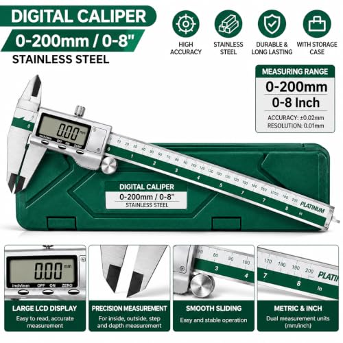 Image of 200mm Digital Vernier Caliper Stainless Steel Electronic Measuring Tool with LCD Display, 0.01mm Accuracy, Inch /MM Conversion, Precision Gauge for Engineering, Workshop & DIY Use (PLATINUM 200MM)