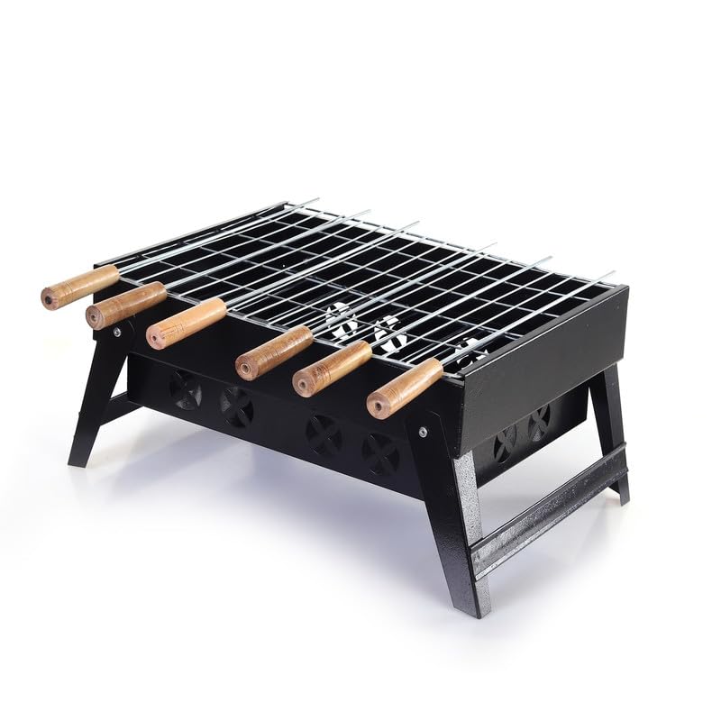 Ransh Compact Portable Charcoal Barbecue Grill With 6 Skewers (Small Foldable Black)