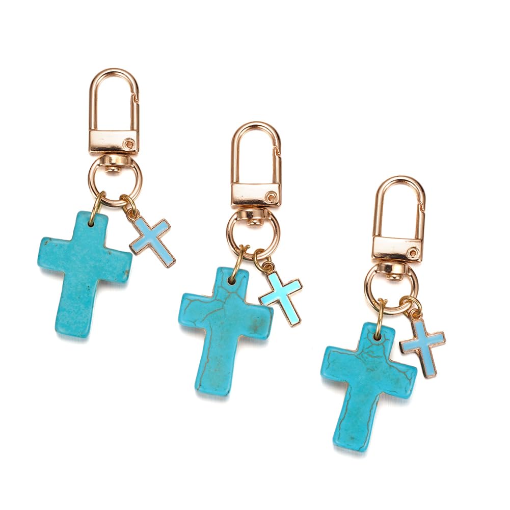 SWJEWEL Cute Mini Keychain 3pcs Set Blue Red White America Flag Heart Cross Shape Small Pendant Key Chain