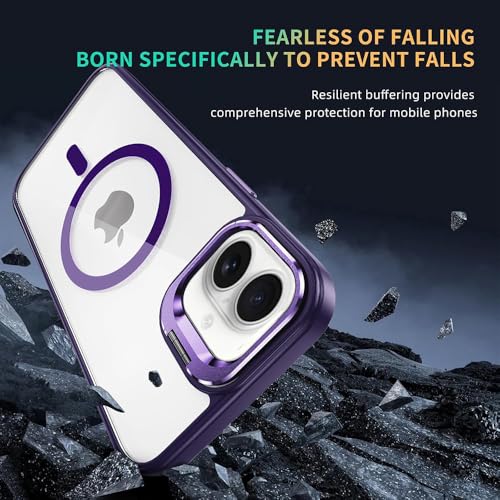 Image of amazon basics Mobile Cover | Compatible with MagSafe | Adjustable Camera Ring Stand | with Tempered Glass Camera Lens Ring | Magnetic PC & TPU Kickstand Case Cover for Apple iPhone 16 (Purple)