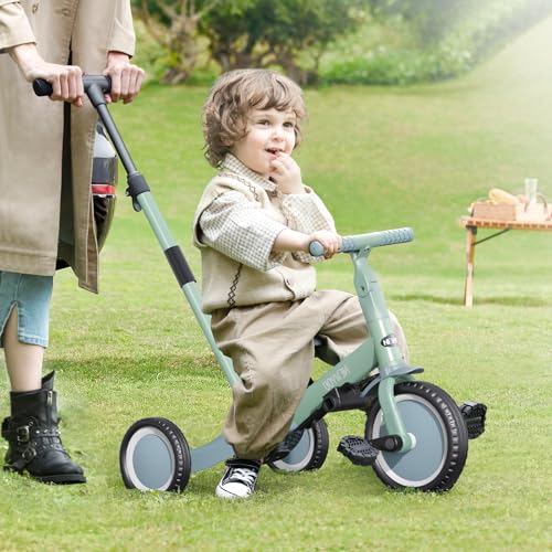 Image of newyoo Toddler Tricycle with Push Handle for 1-3 Year Old, Toddler Bike, Birthday Gifts and Toys for Boys and Girls, 5 in 1 Kids Trike, Convert to Baby Balance Bike, Green, TR007