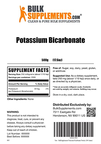 Bulksupplements.com Potassium Bicarbonate Powder - Potassium Supplement - Potassium Bicarbonate Food Grade - Food Thickener - Potassium Powder - Potassium Supplement Powder (500 Grams - 1.1 Lb) #TOP1
