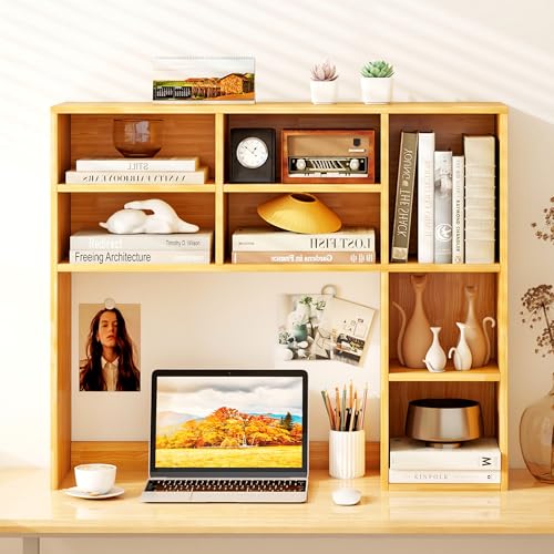Image of Tangkula Desktop Bookshelf, 37 inch Countertop Storage Hutch with 7 Cubes & 3 Adjustable Shelves, 3-Tier Desk Display Rack Organizer, Multipurpose Wood Desktop Hutch for Dorm Home Office (Burlywood)