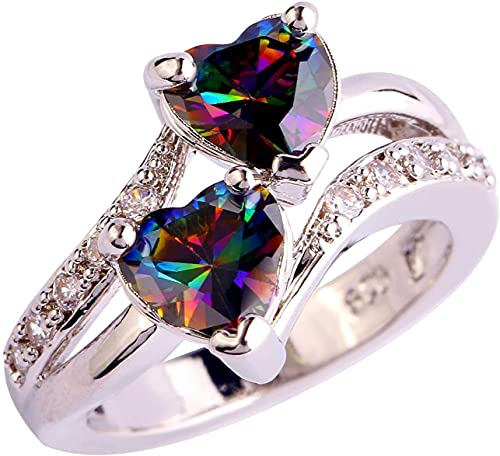 Siviki Women's Double Heart Ring, Engagement Created Mystic Rainbow Eternal Promise Ring, Unique Double Heart Eternal Engagement Ring (Seven Colors, 9)