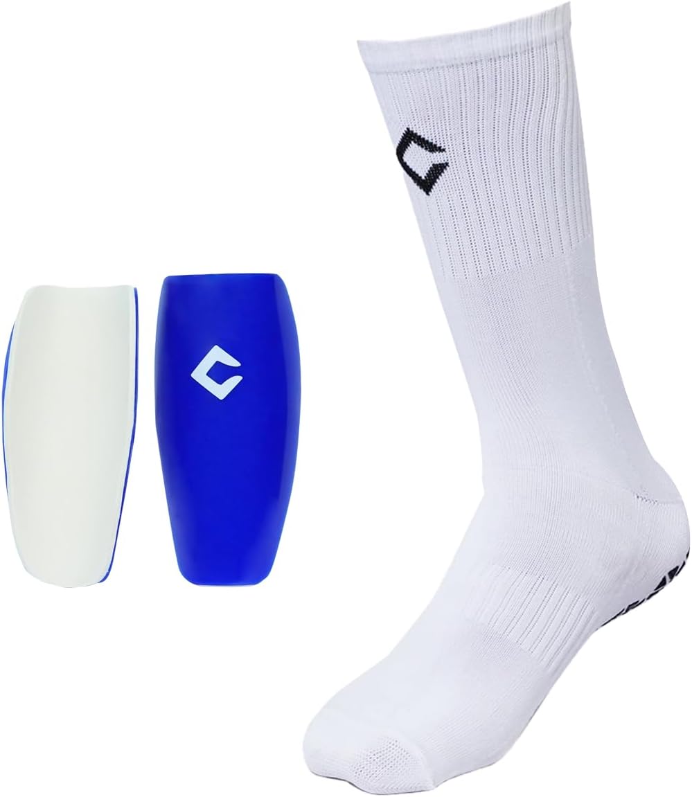Runner Grip Socks and Football Shinguards for Men and Women Soccer Socks and Shinguards (in, Alpha, Free Size, 1, White & Royal Blue)