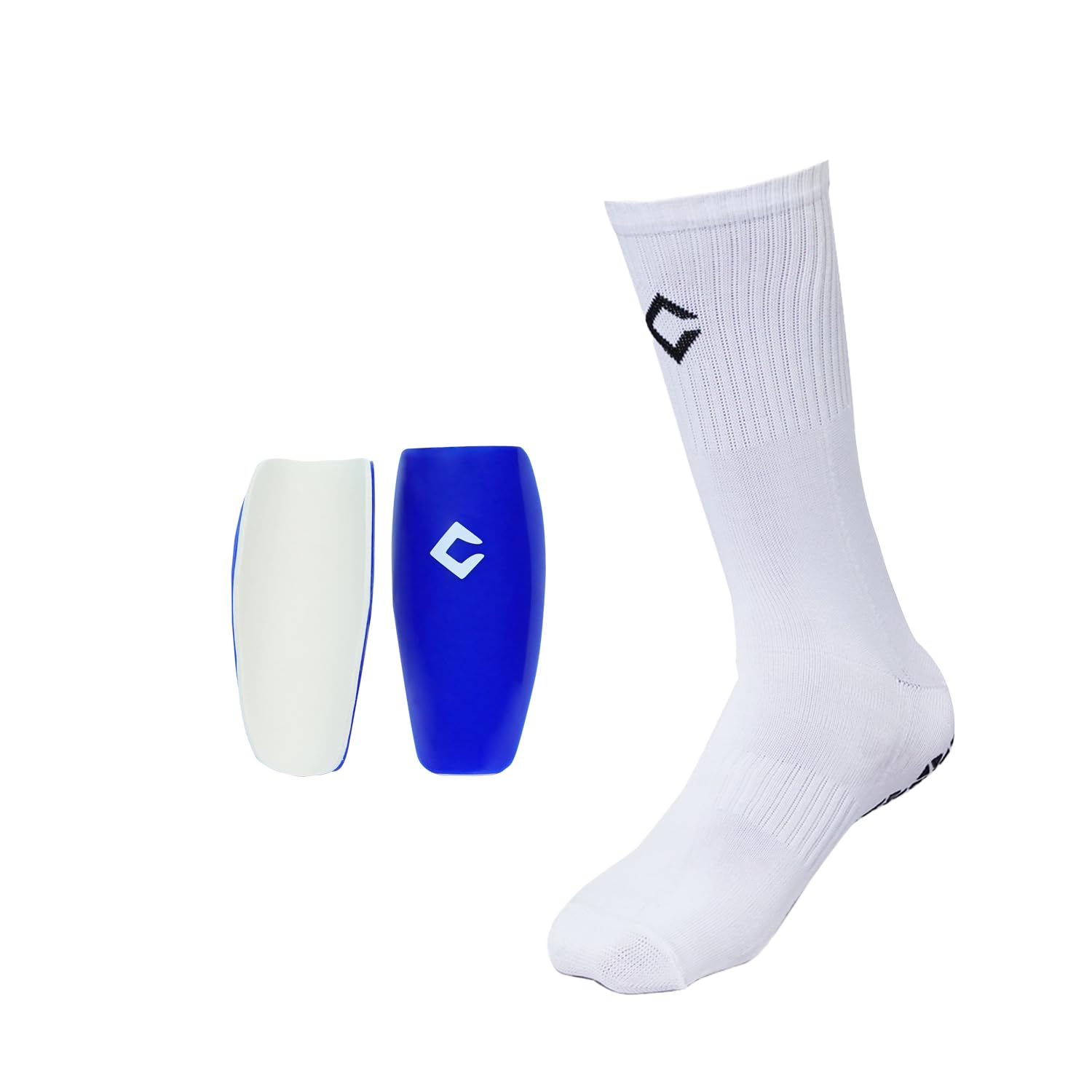 Runner Grip Socks and Football Shinguards for Men and Women Soccer Socks and Shinguards (in, Alpha, Free Size, 1, White & Royal Blue)
