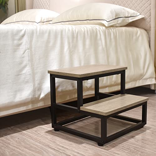 Szlhanjz Multi Purpose Step Stool, Wood & Metal 2 Step Stools For Adults Kids, Round Corner Dog Steps Bed Step Stools For High Beds, Portable Stepping Stool For Bedroom Kitchen, Load 500 Lb, Beige #TOP2
