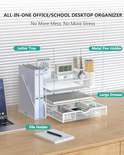 Image of WALI Desk File Organizer, 4 Tier Desktop Paper Letter Tray Organizer with Drawer and 2 Pen Holders, Office Desk Accessories & Workspace Organizers for Office, Home Supplies(DO005DH-W), 1 Pack, White