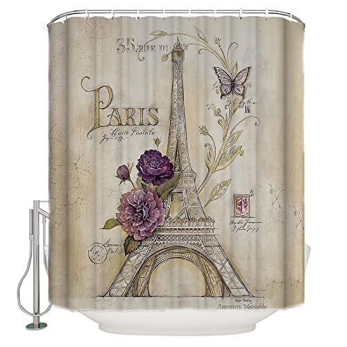 Schmetterling Duschvorhänge Eiffelturm Blumen Wasserdichter 3D-Druck Duschvorhang mit Haken Badezimmer WC Dekor 110x220cm(43x87in) Cover