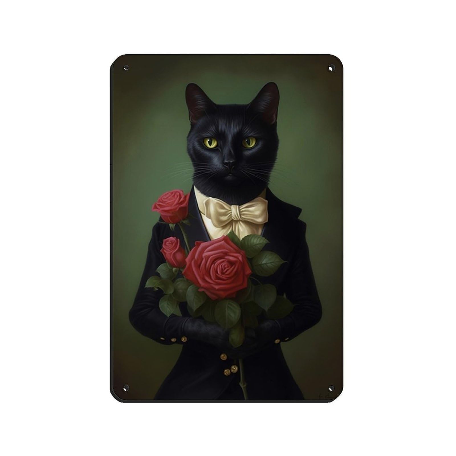Surrealist Black Cat Holding Rose Painting Poster Retro Poster Metal Tin Sign Chic Art Retro Iron Painting Bar People Cave Cafe Family Garage Poster Wall Decoration 8x12inch(20x30cm)