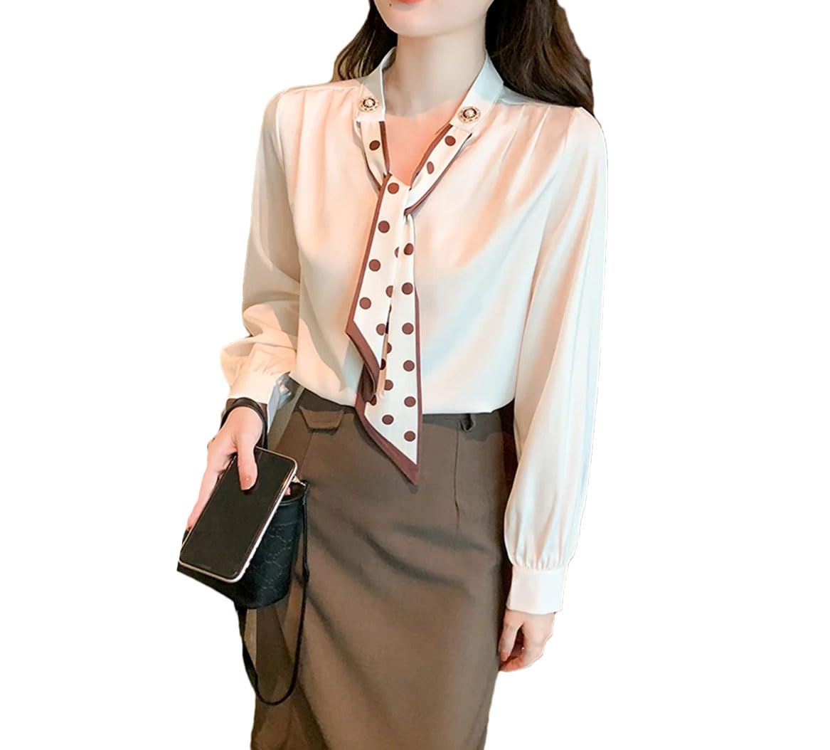 Camicetta da donna bianca con scollo a V, a maniche lunghe, in chiffon, per lavoro, ufficio, lavoro